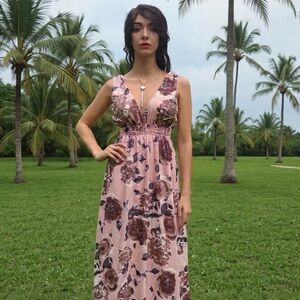 Sienna Sky floral maxi summer dress. Color is off pink/brown/ light purple.